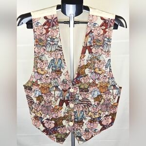 Vintage 90's Facets Pigs Folk Art To Wear Tapestry Vest, Large